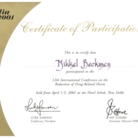 Certificate of participation, International Conference on the Reduction of Drug-Related Harm